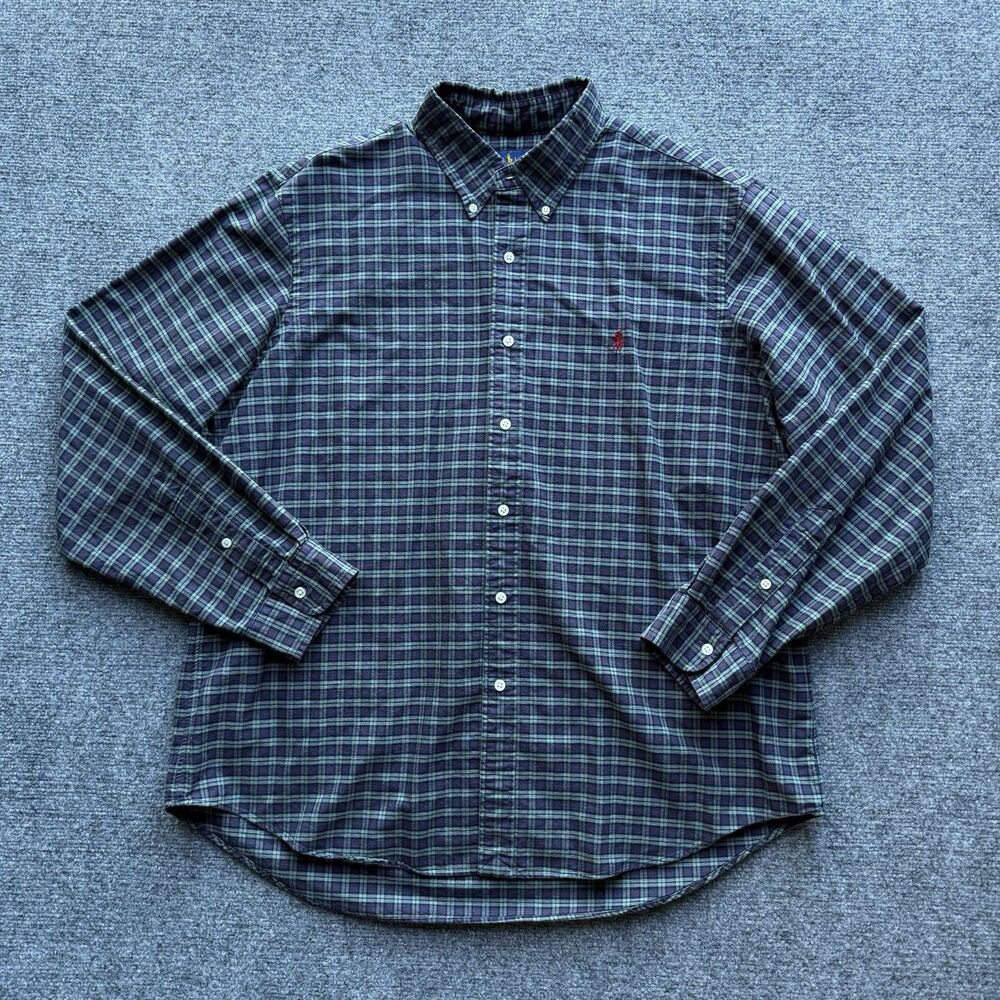 Ralph Lauren Mens XL Plaid Button Down Shirt Long Sleeve Pony Logo Blue Green